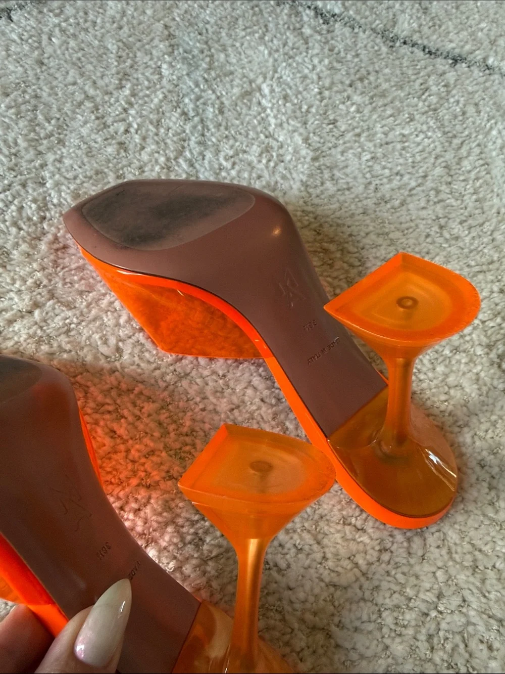 Amina Muaddi Orange Clear Strap Slide Heels